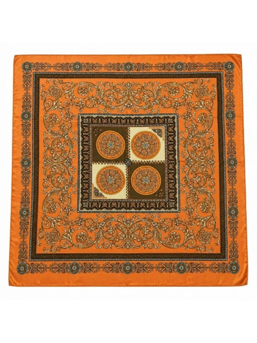 Luxury Square Satin Scarf With Ornate Floral Motif - Orange & Gold Border Design